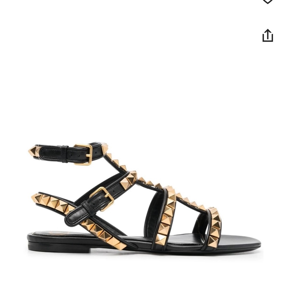 Valentino Black Leather Sandal with Gold Pyramid Studs and Ankle Strap - Picture 2 of 7
